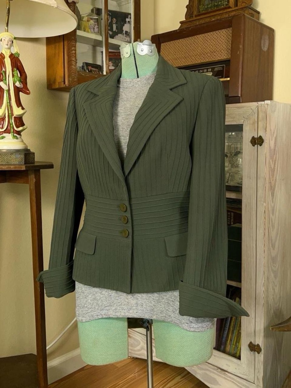 Vintage 90s Carlisle Olive Green Pinstripe Designer 100% Wool Blazer Size 6